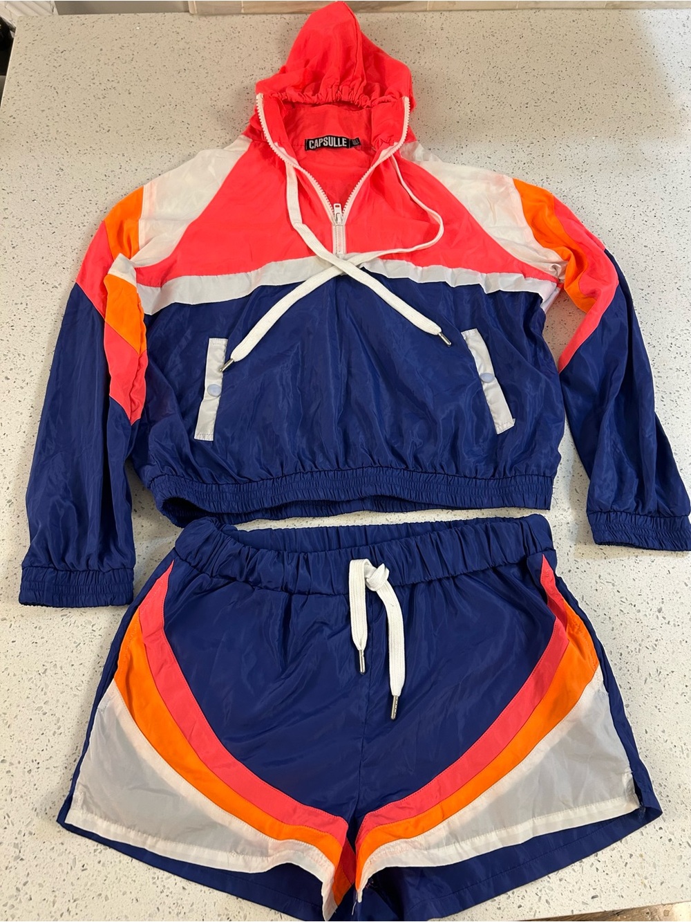 Capsulle Women's Athletic Shorts Set - Navy with Coral, Orange & White